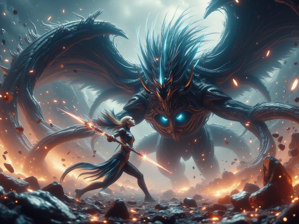 Futuristic Warrior Battles Alien Beast in Cosmic Energy Clas...