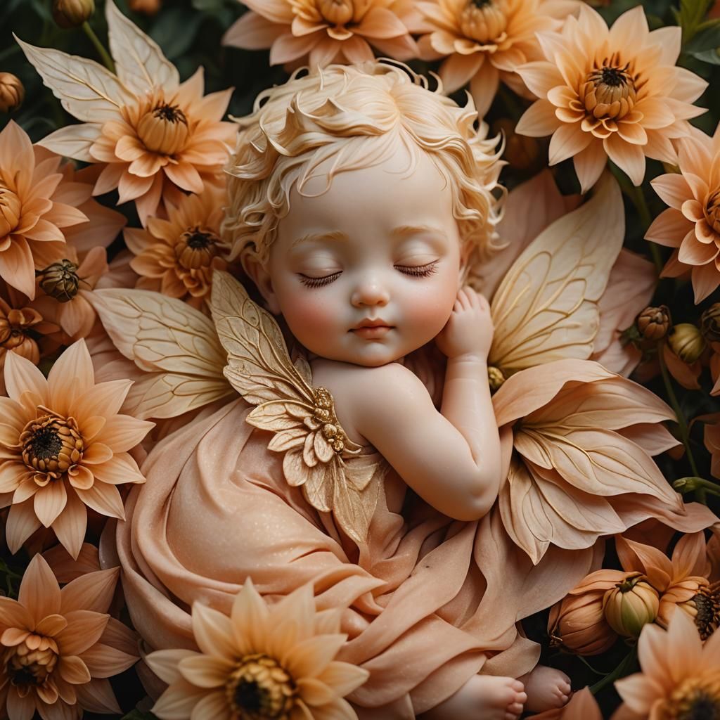 Baby Fairy Sleeping in Apricot Dahlia