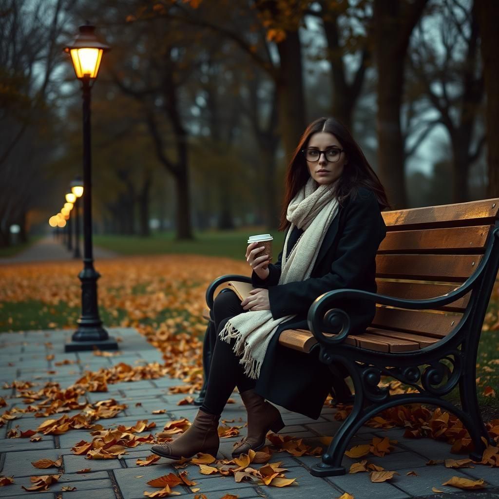 Lonely Brunette in Autumn Park with Soft Lighting