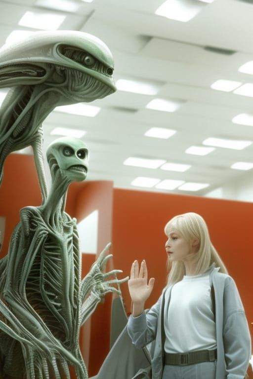 Tense Alien-Human Meeting in Fluorescent Office
