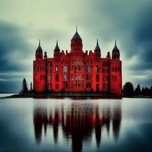 Gothic Castle with Red Windows and Moonlit Reflections