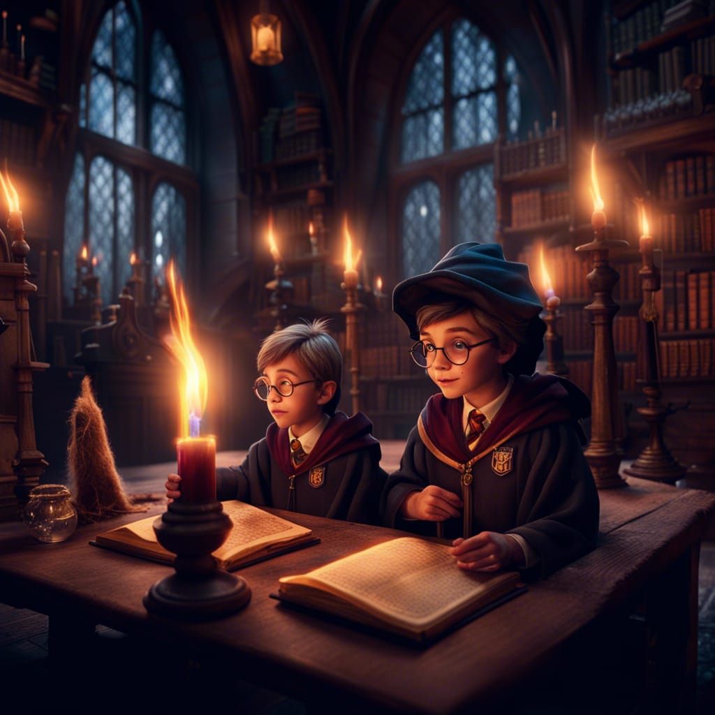Little Wizards Learning Magic in Candlelit Classroom