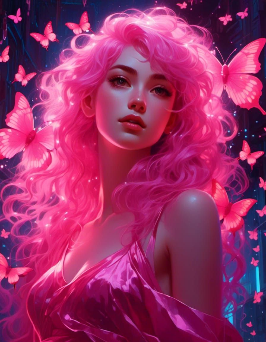 a girl with glowing deep pink hair and glowing pink eyes. sh...