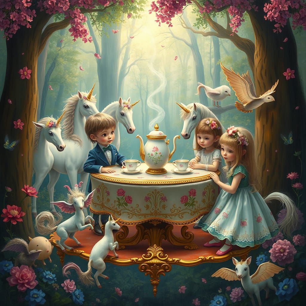 Magical Tea Party with Unicorns in Dreamlike Forest