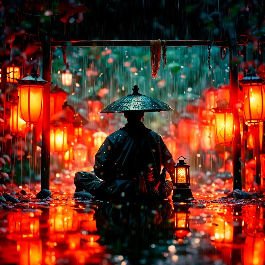 Samurai in Rainy Scene Under Lantern