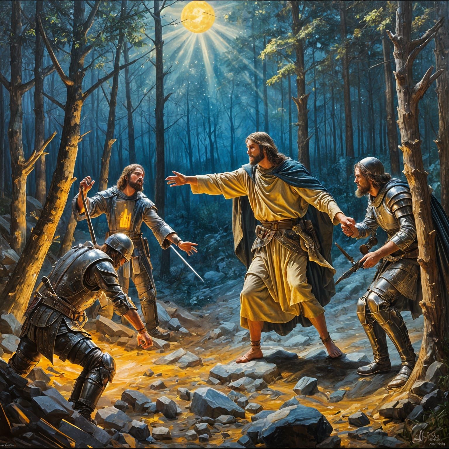 Betrayal of Jesus in Forest, Oil Painting Style