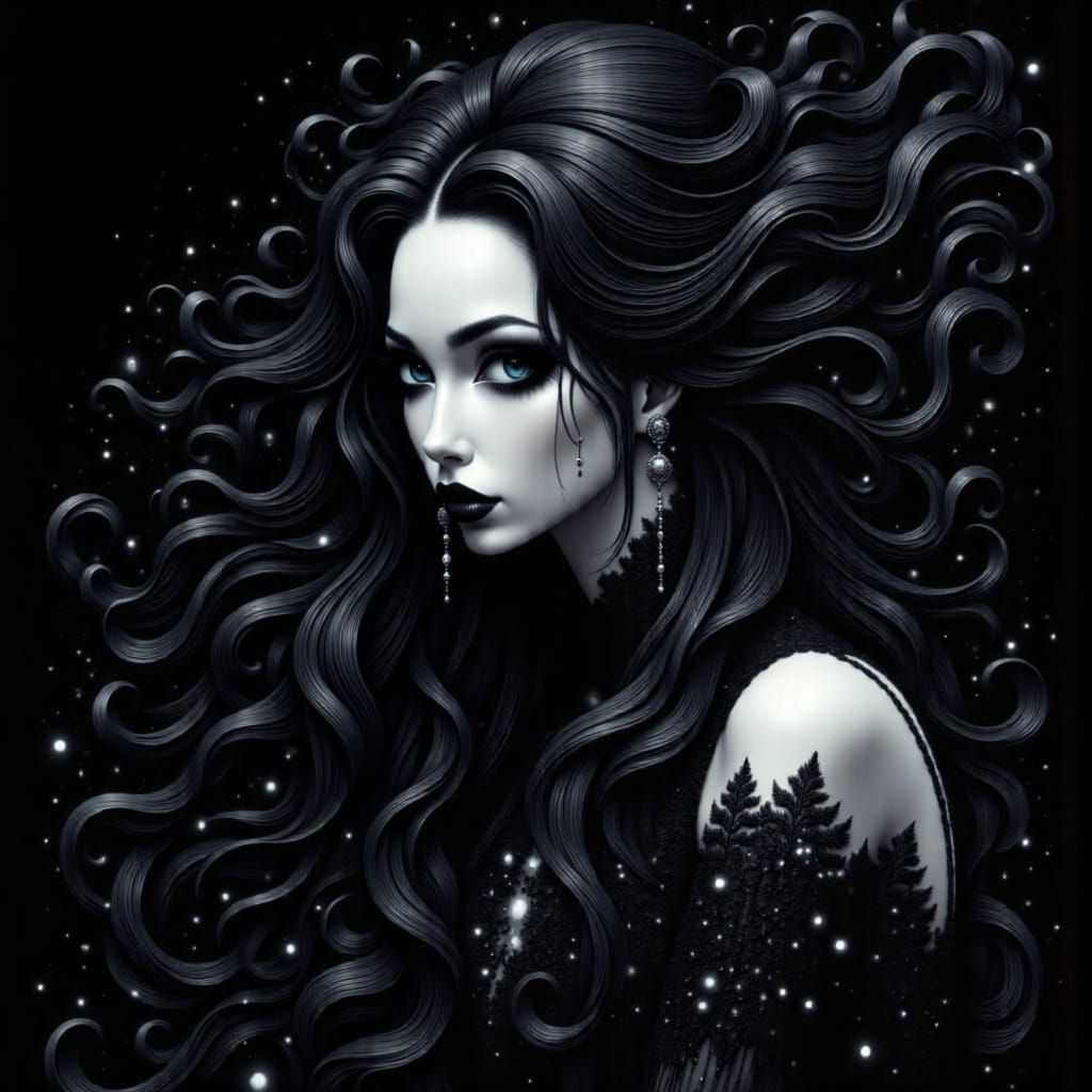 Gothic Elegance: Woman with Ink Hair in Cartoon Style