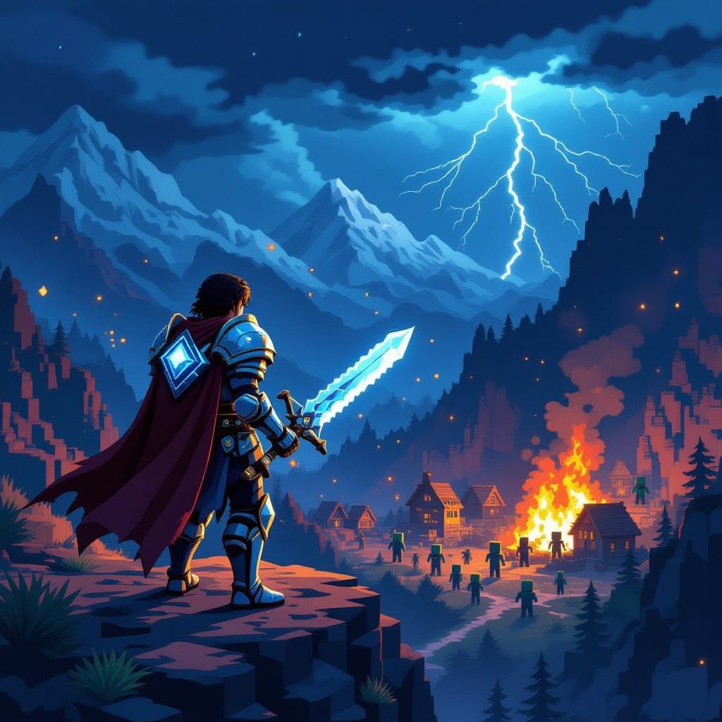 Adventurer Overlooks Burning Village in Voxel Art Style