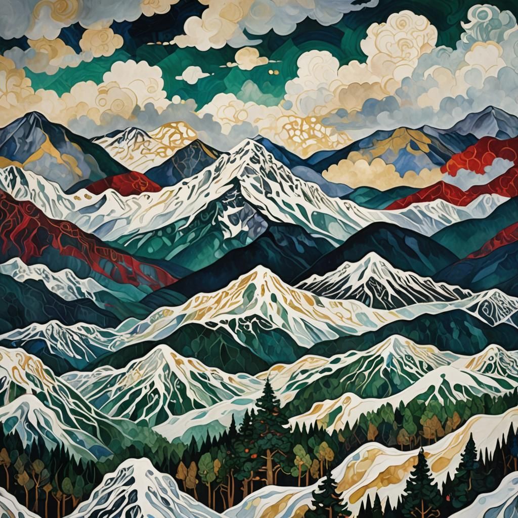 Majestic Snowy Mountain Landscape in Vibrant Expressionism