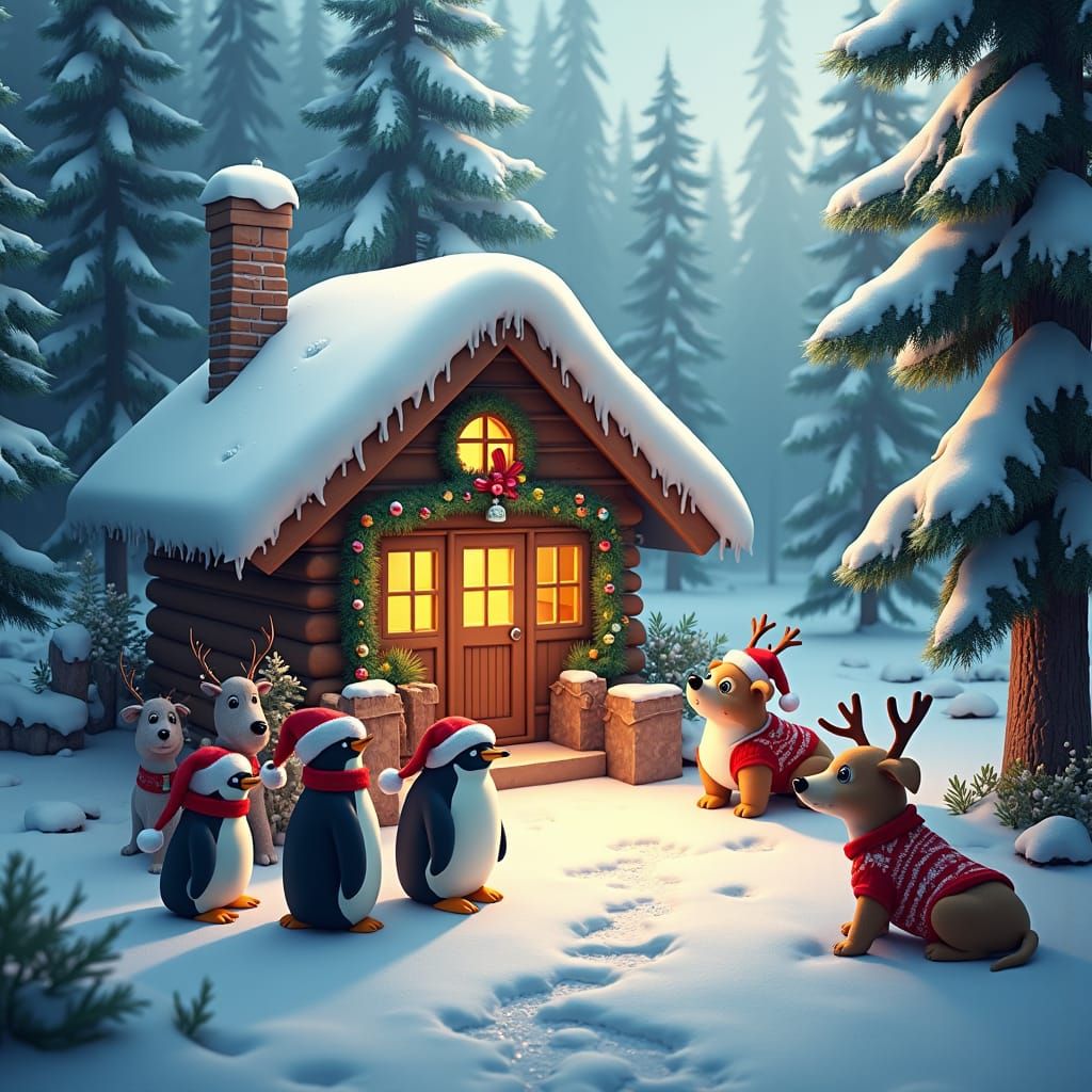 Festive Christmas Celebration with Animals in Snowy Forest