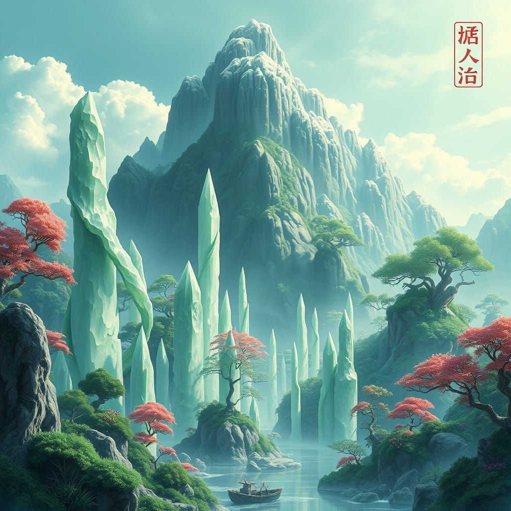 Dreamlike Jade Garden with Majestic Crystal Formations