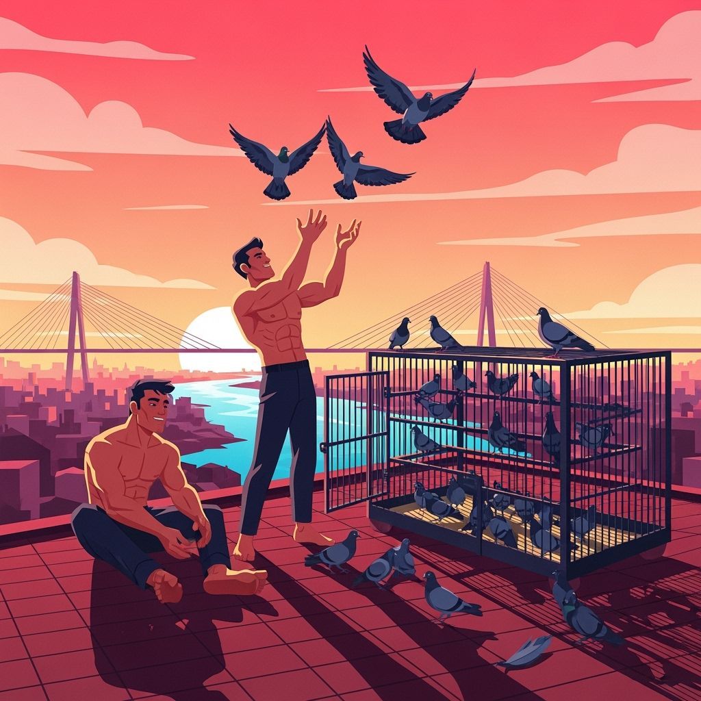 Rooftop Pigeon Release in Vector Art Style