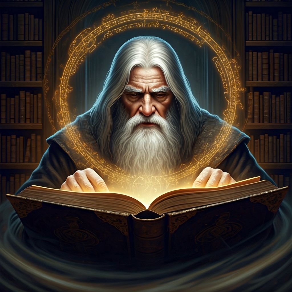 Ancient Wizard Reads Arcane Book in Dramatic Light