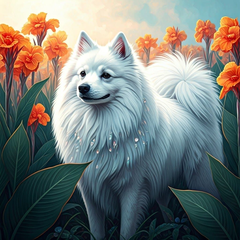Majestic White Japanese Spitz in Dreamy Garden Landscape