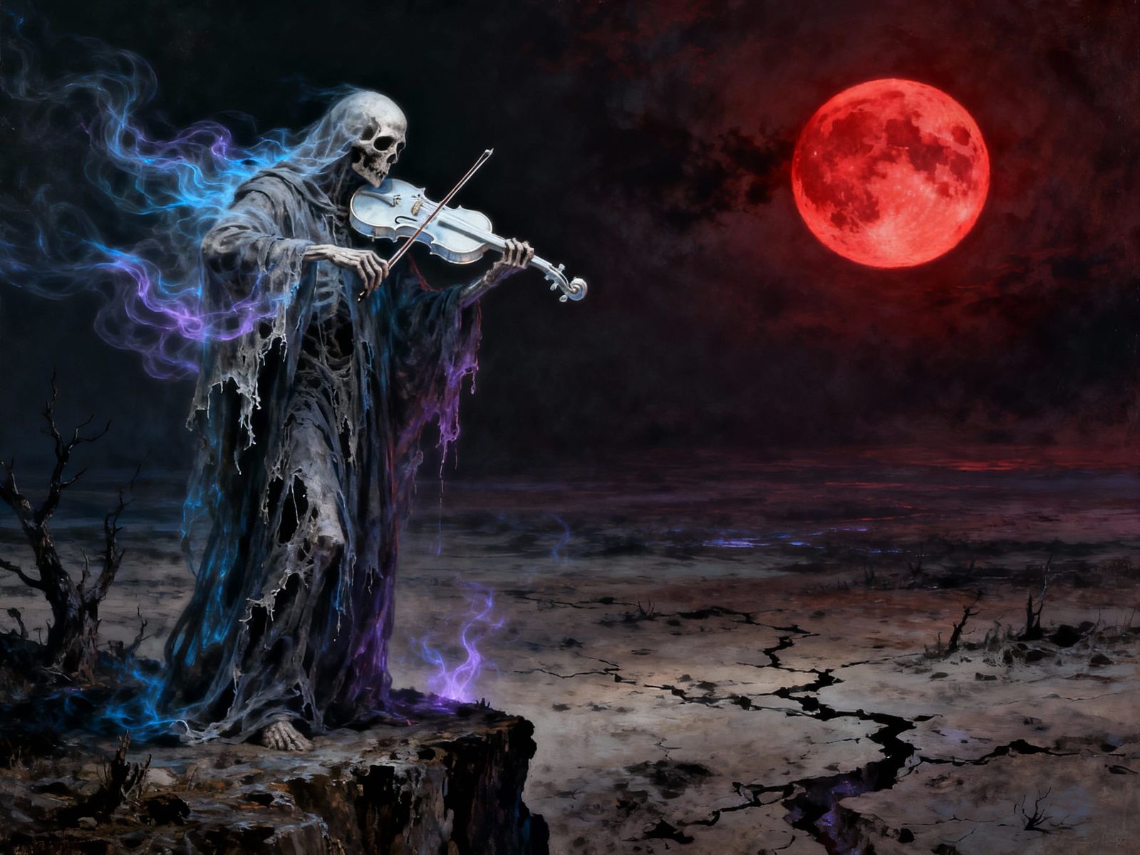 Skeleton Violinist on Precipice Under Blood Moon