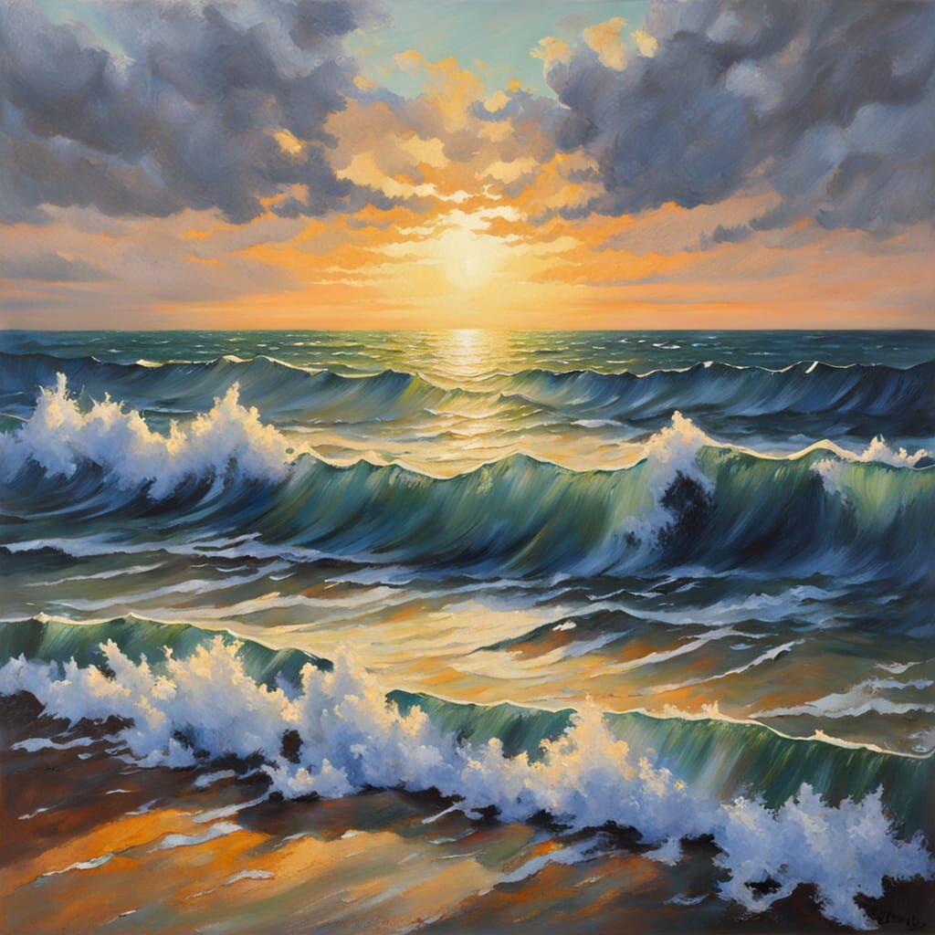 Oceanscape with Crepuscular Rays: Impressionist Style