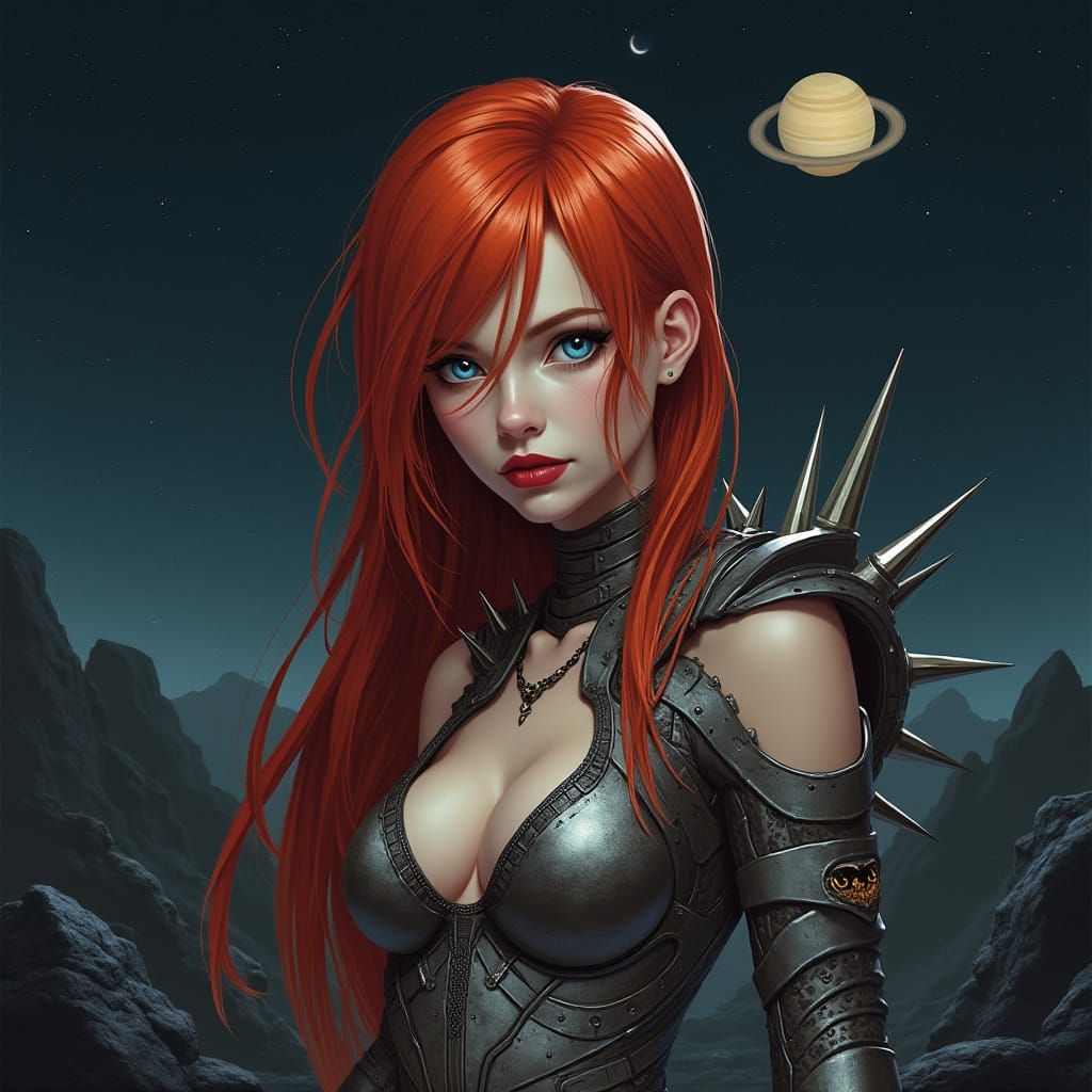 Hyper-Realistic Woman with Fiery Hair on Alien Planet
