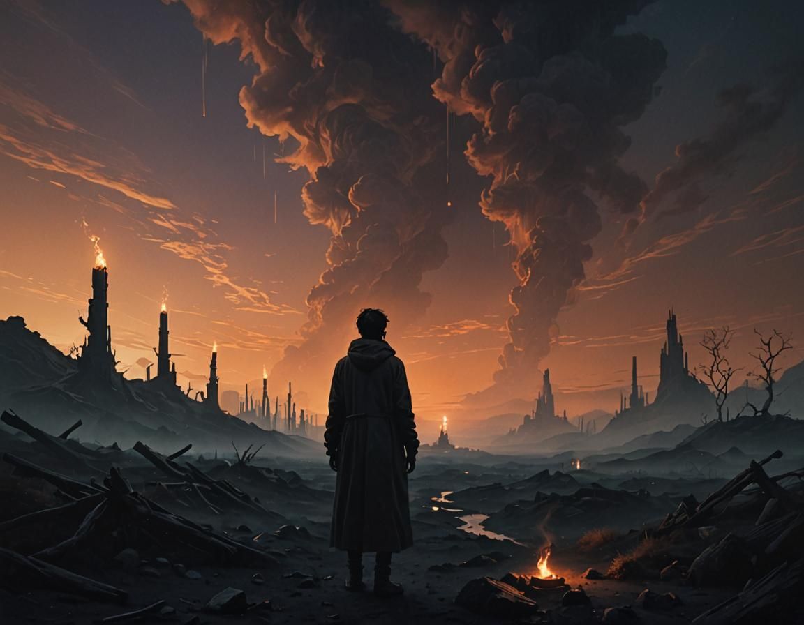 Twilight Figure in Eerie Dystopian Landscape