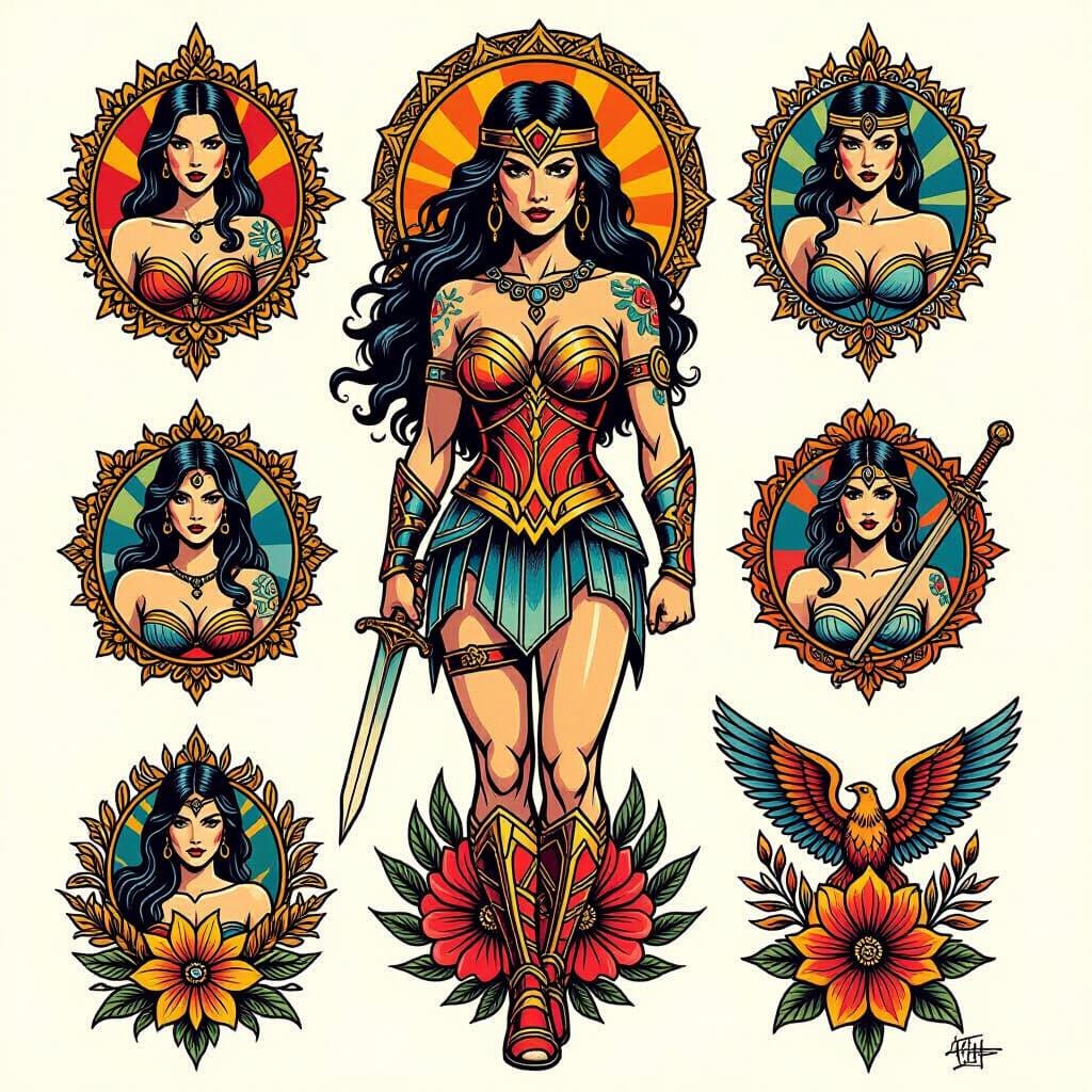 Action Figures Tattoo Sheet in Comic Book Style