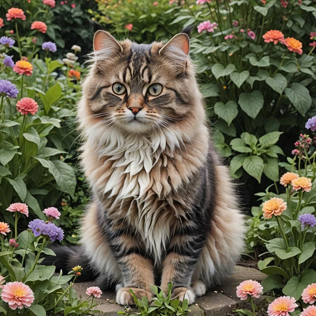 Fluffy Cat in a Sunny Garden