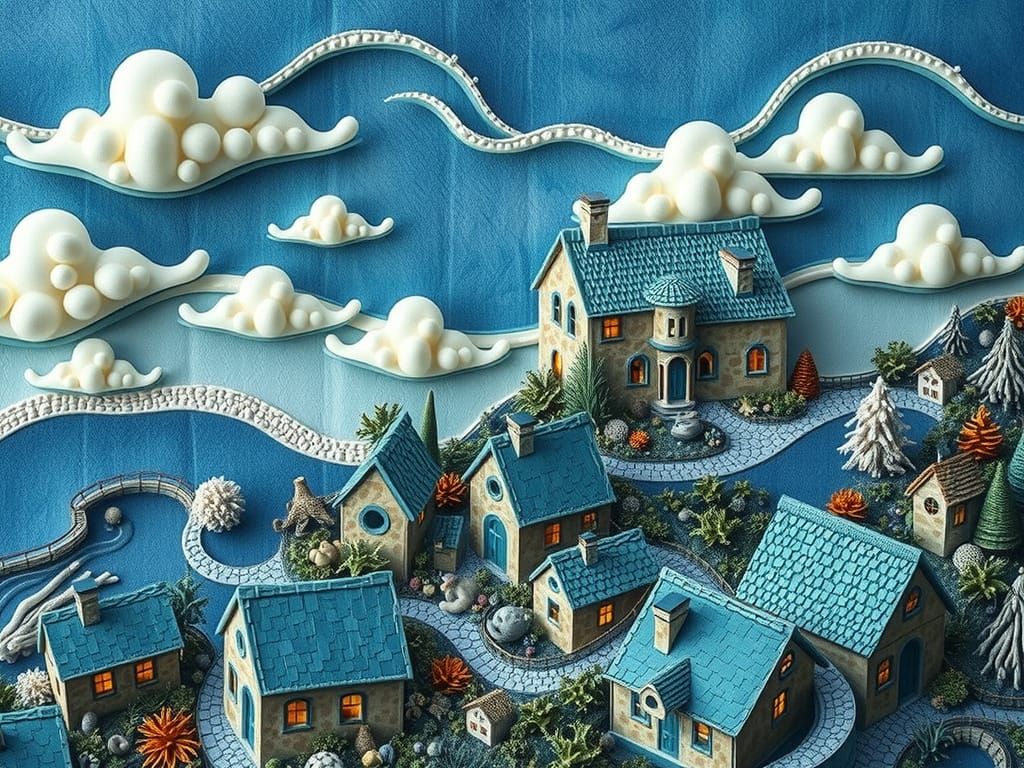 Dreamy Coastal Village Emerging from Ocean Waves