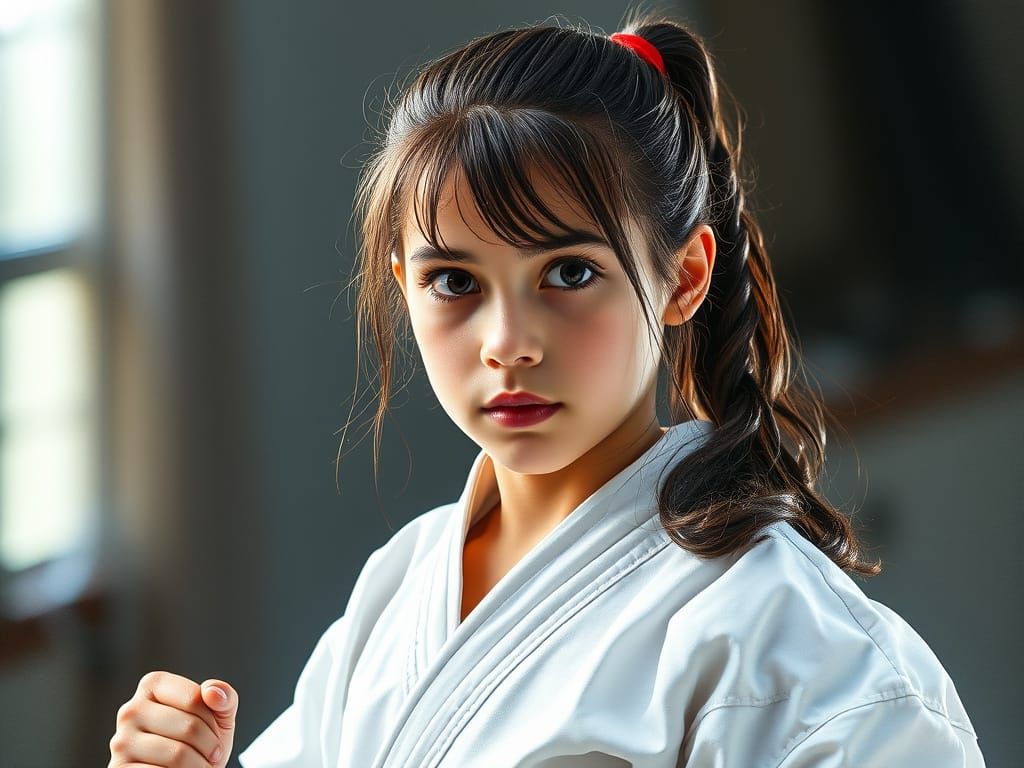 Young Egyptian Girl Training in Karate, Water Color Portrait