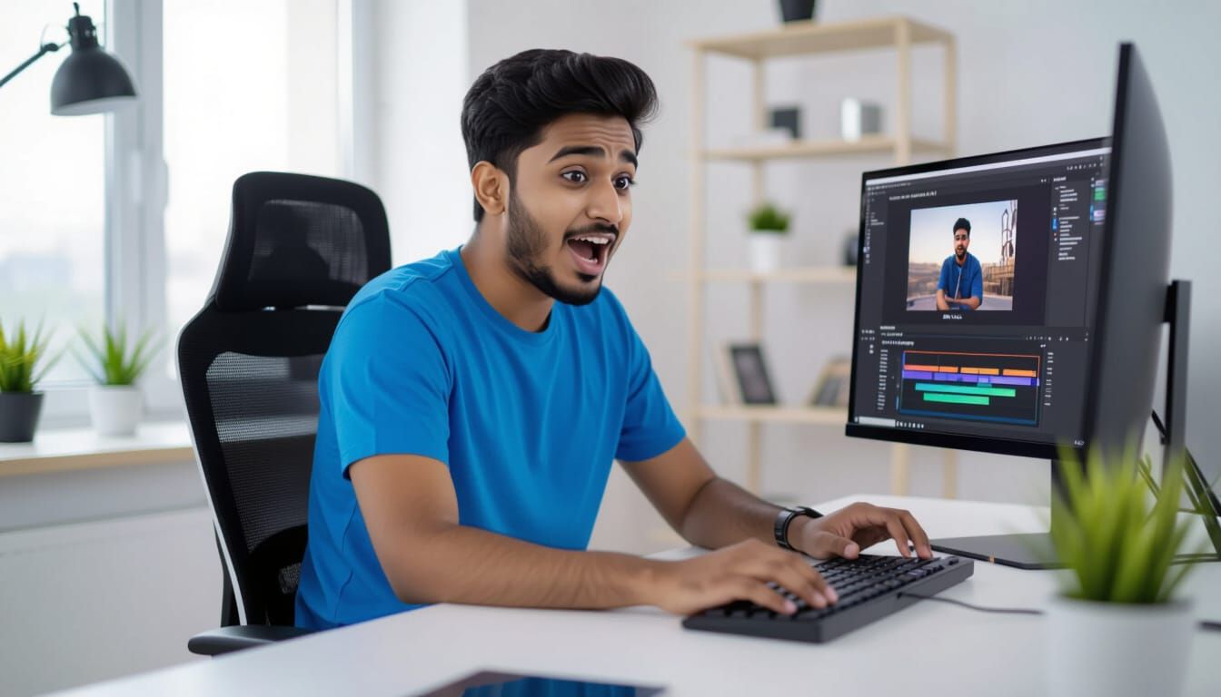 Young Bangladeshi Man Editing YouTube Video with Excitement