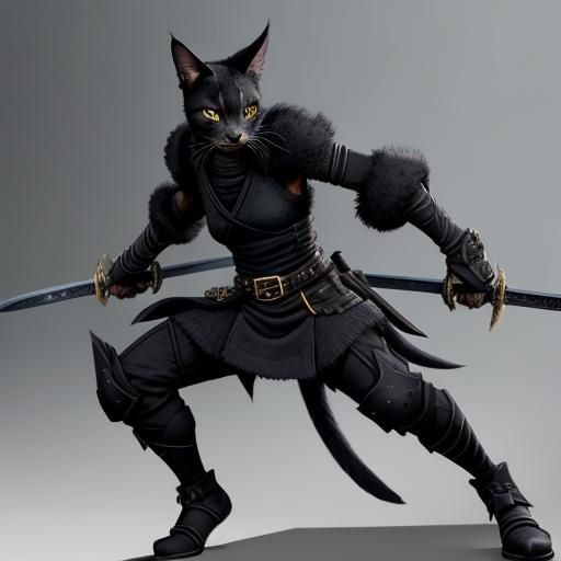 Mysterious Tabaxi Ninja Wields Twin Swords in Stealthy Midni...
