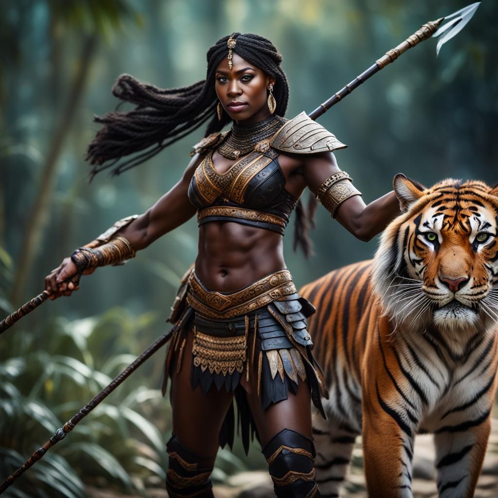 Ebony Warrior Maiden with Tiger