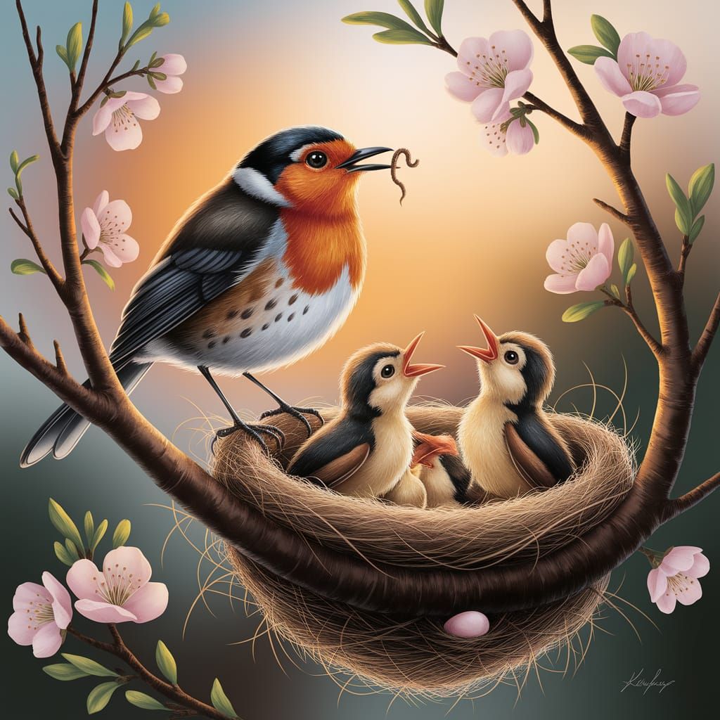 Robin Family at Sunrise: A Springtime Scene