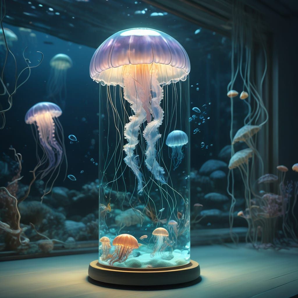 Ethereal Jellyfish Glass Lamp in Underwater Bedroom