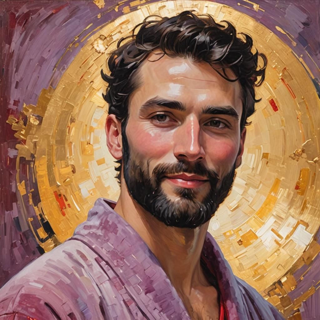 Smiling Man with Golden Halo, Impressionist Oil Painting