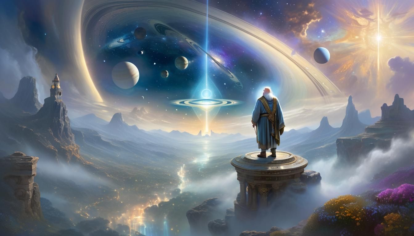 Saturn, God of Time, Studies the Universe