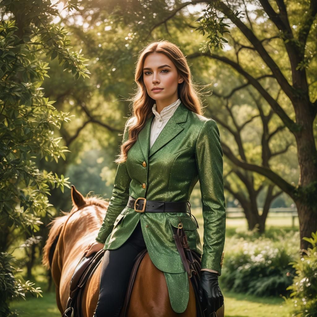 Woman Horse Rider in Lush Green Landscape