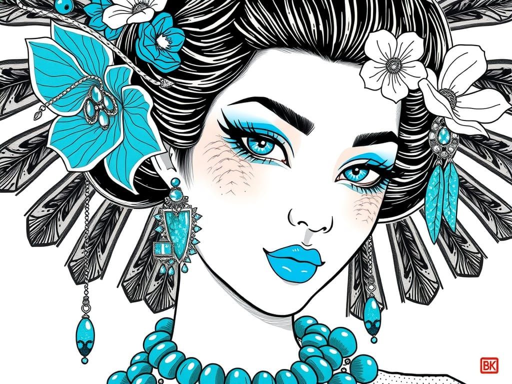 Turquoise Beauty: Ink Drawing in Ukiyo-e Style