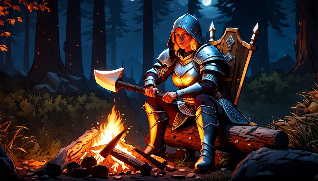 Mielikki in Armor Sharpening Axe at Night