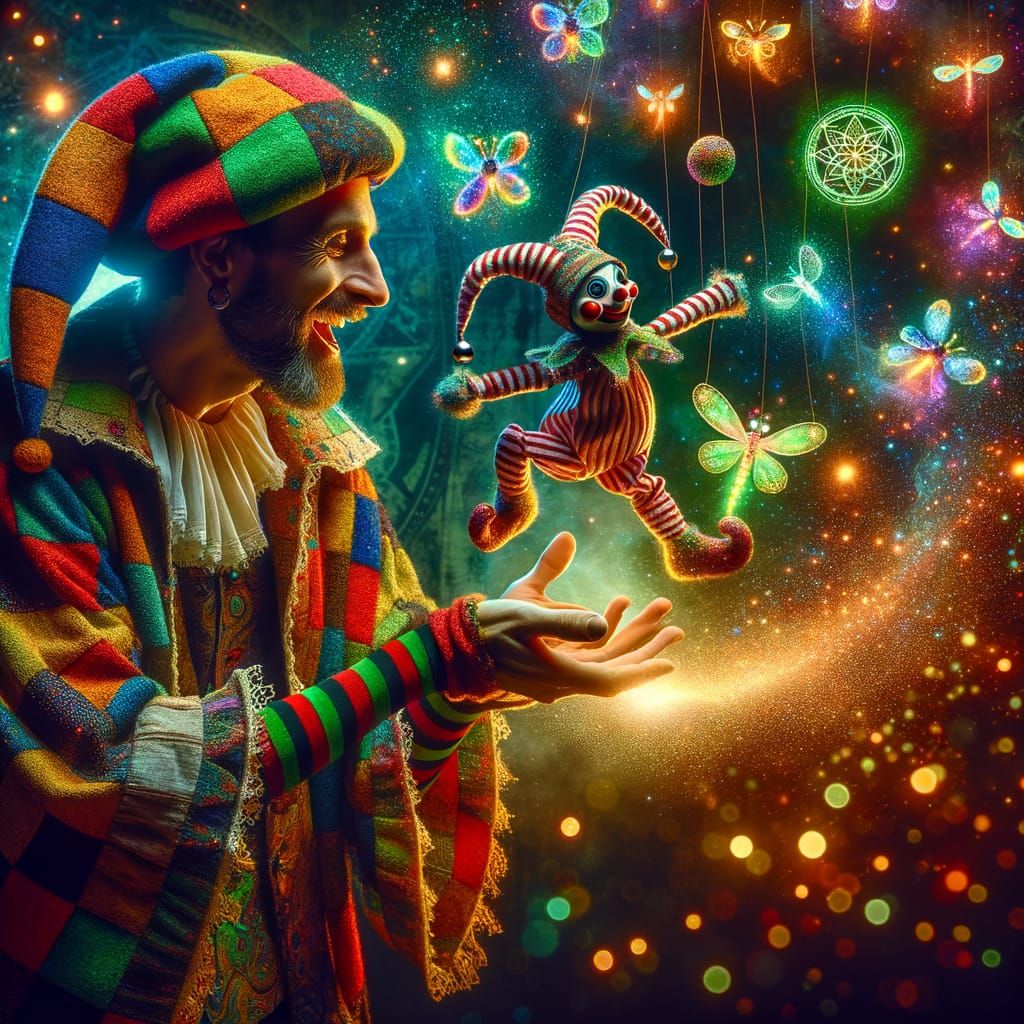 Vibrant Puppet Show with Joyful Jester and Fireflies