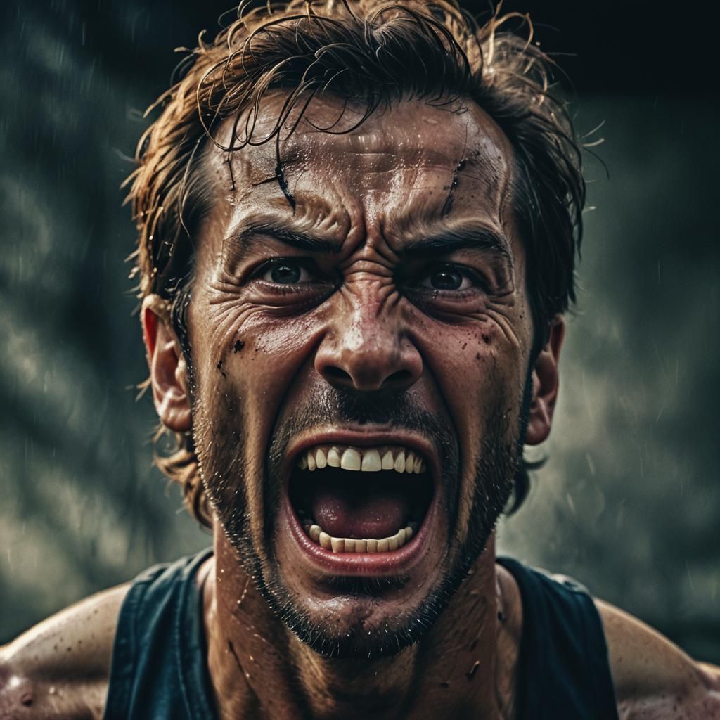 Intense Close-Up Portrait of Screaming Man