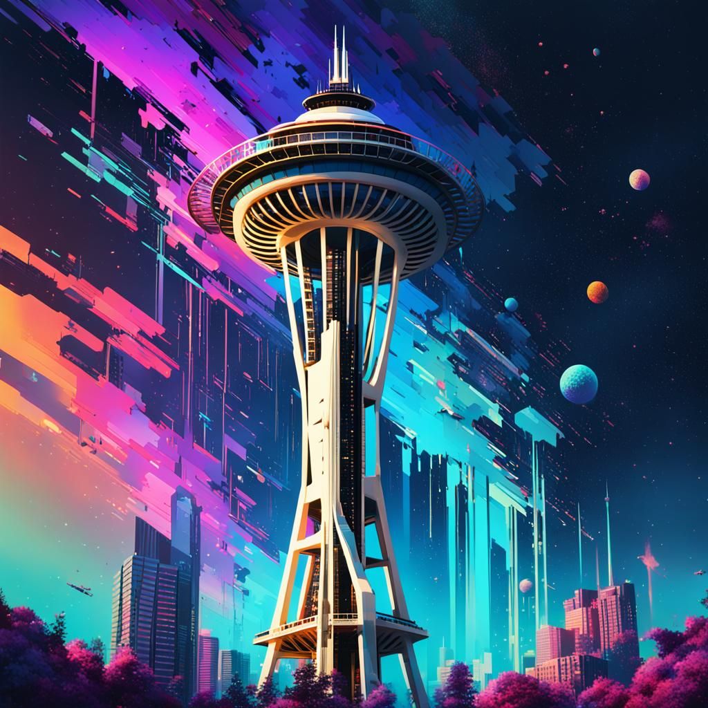 Seattle Space Needle in Glitch Art Style