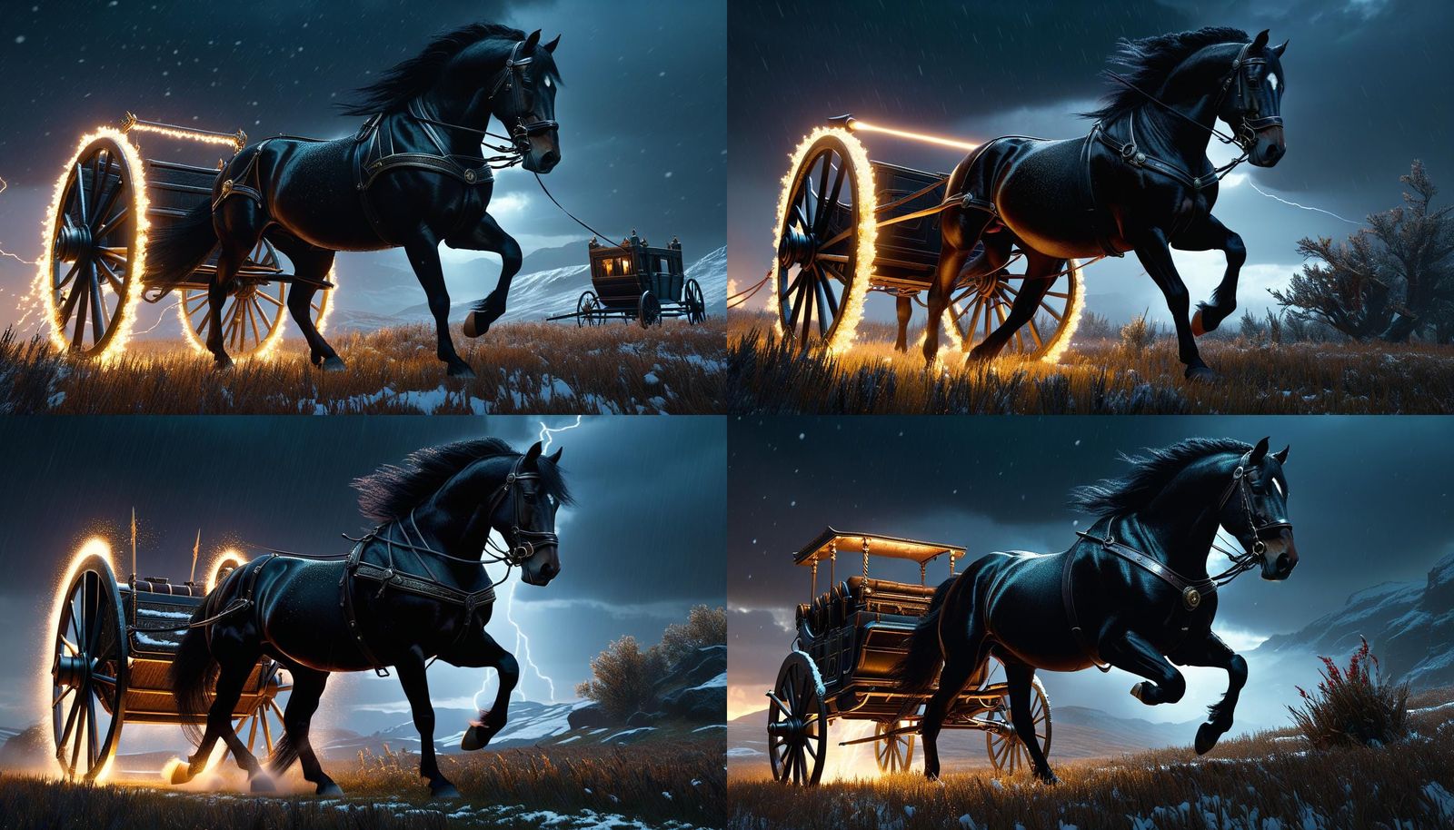 Epic Black Stallion Chariot in Snow, Digital Art