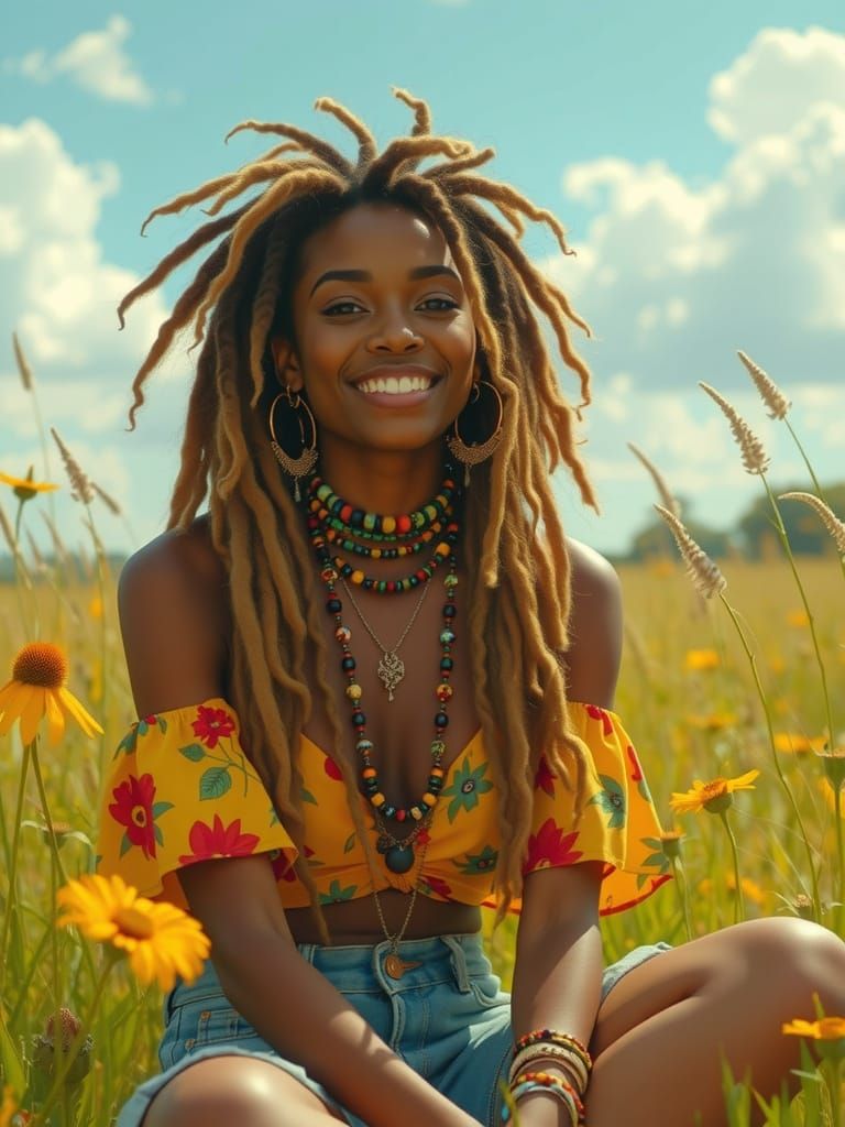 Smiling Woman with Dreadlocks in Wildflower Field