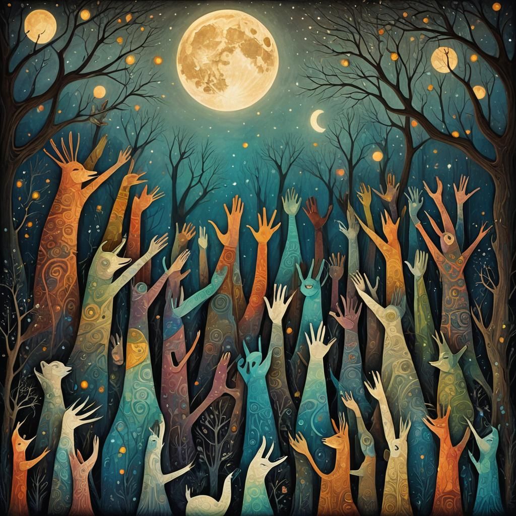 Moon Worshipers in Mystical Folk Art Style