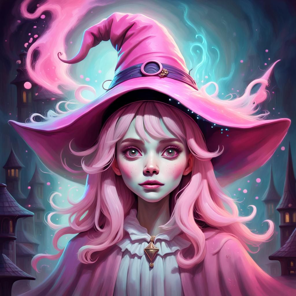 Whimsical Ghost Portrait with Pink Witch Hat