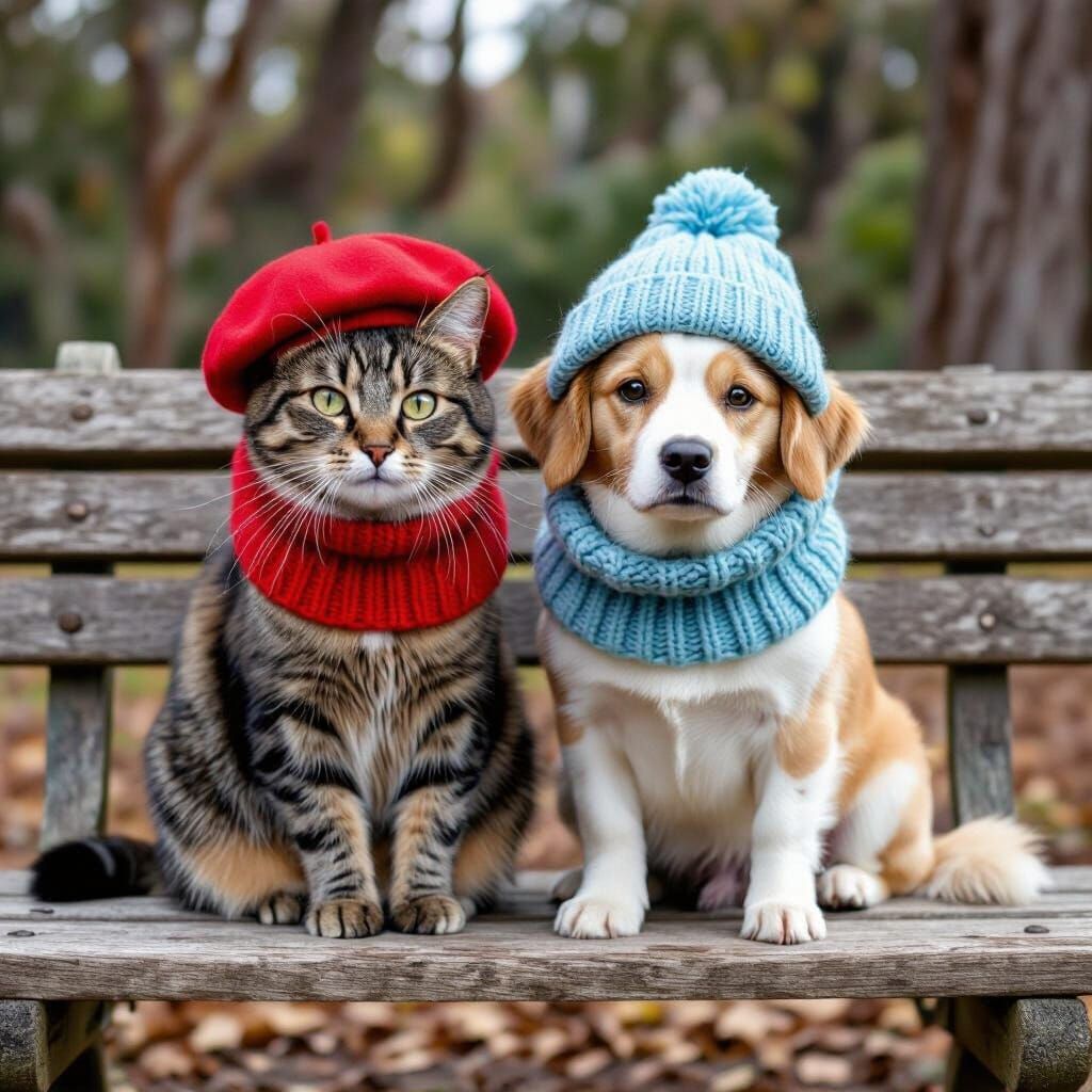 Cats and Dogs in Hats on a Rustic Bench