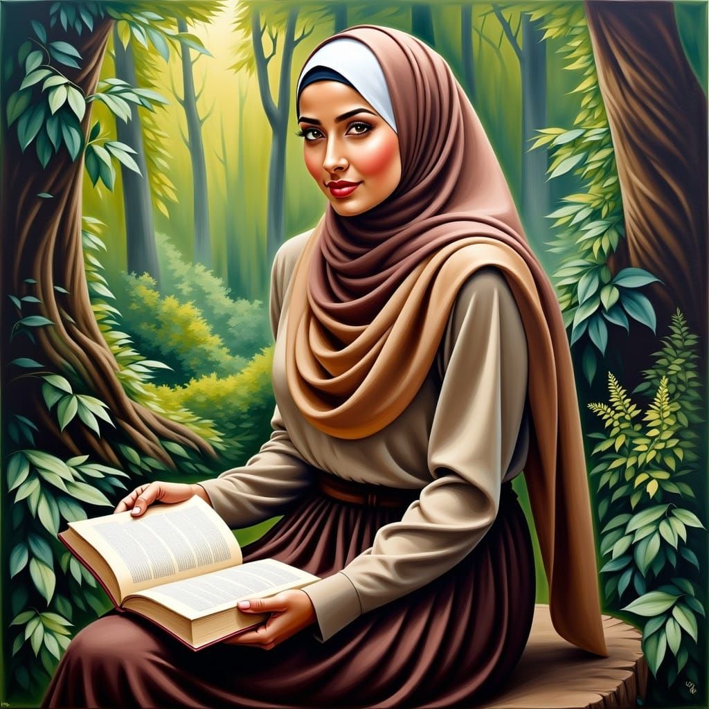 Beautiful Hijabi Woman Reading in Mystic Forest Oil Painting