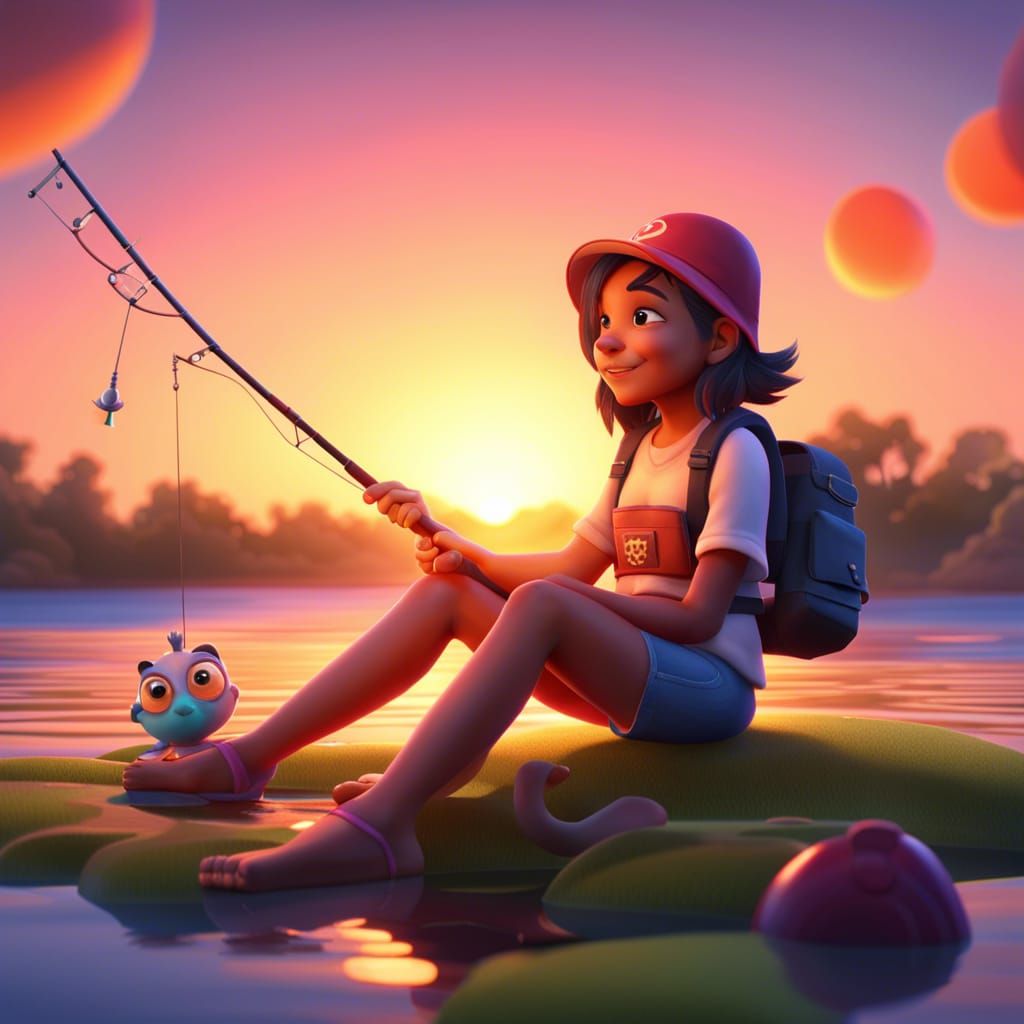 Cute Girl Fishing at Sunset: 3D Digital Art