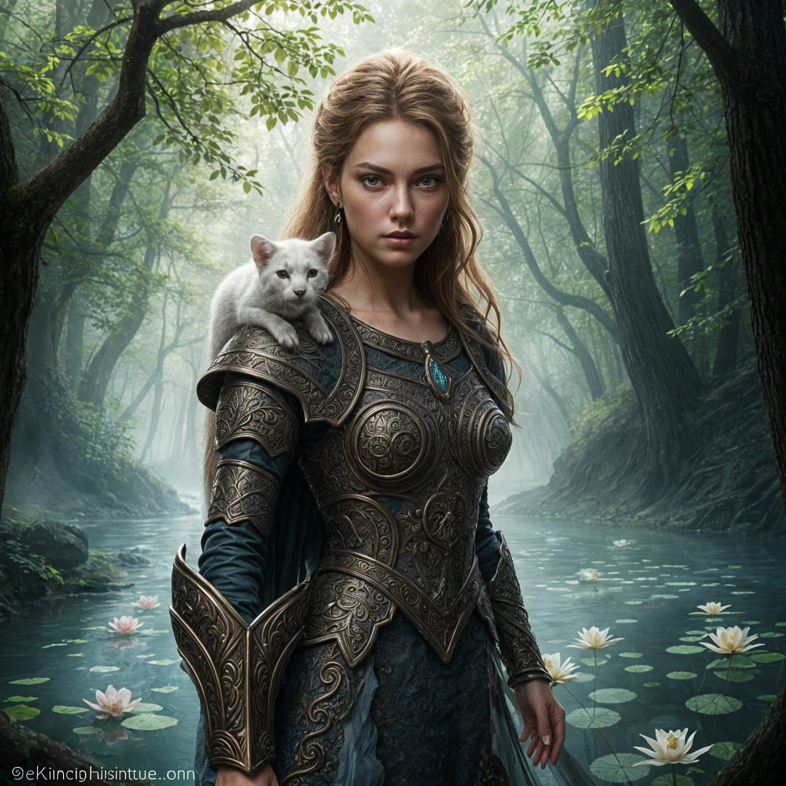 Warrior Princess Walks Through the Foggy Forest with a Furry...