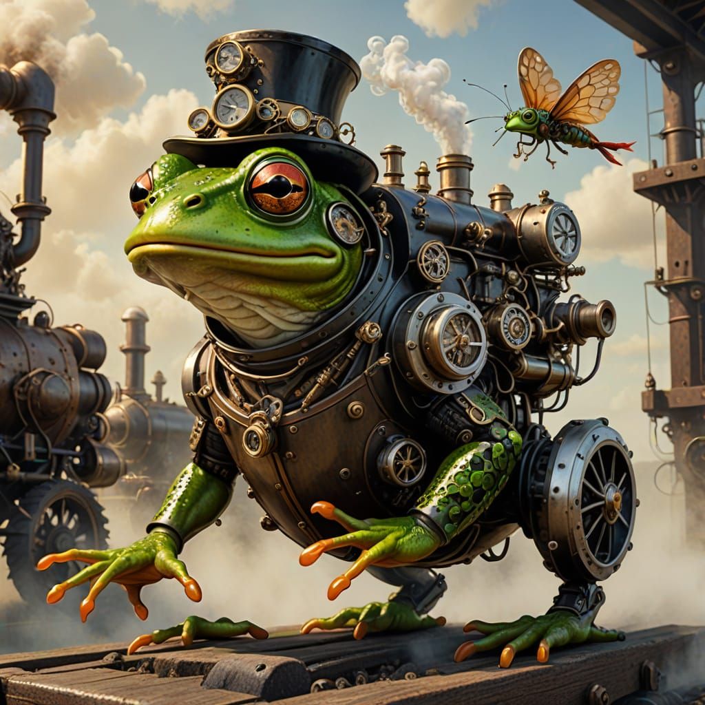 Steampunk Frog Catches Fly with its Extending Tongue