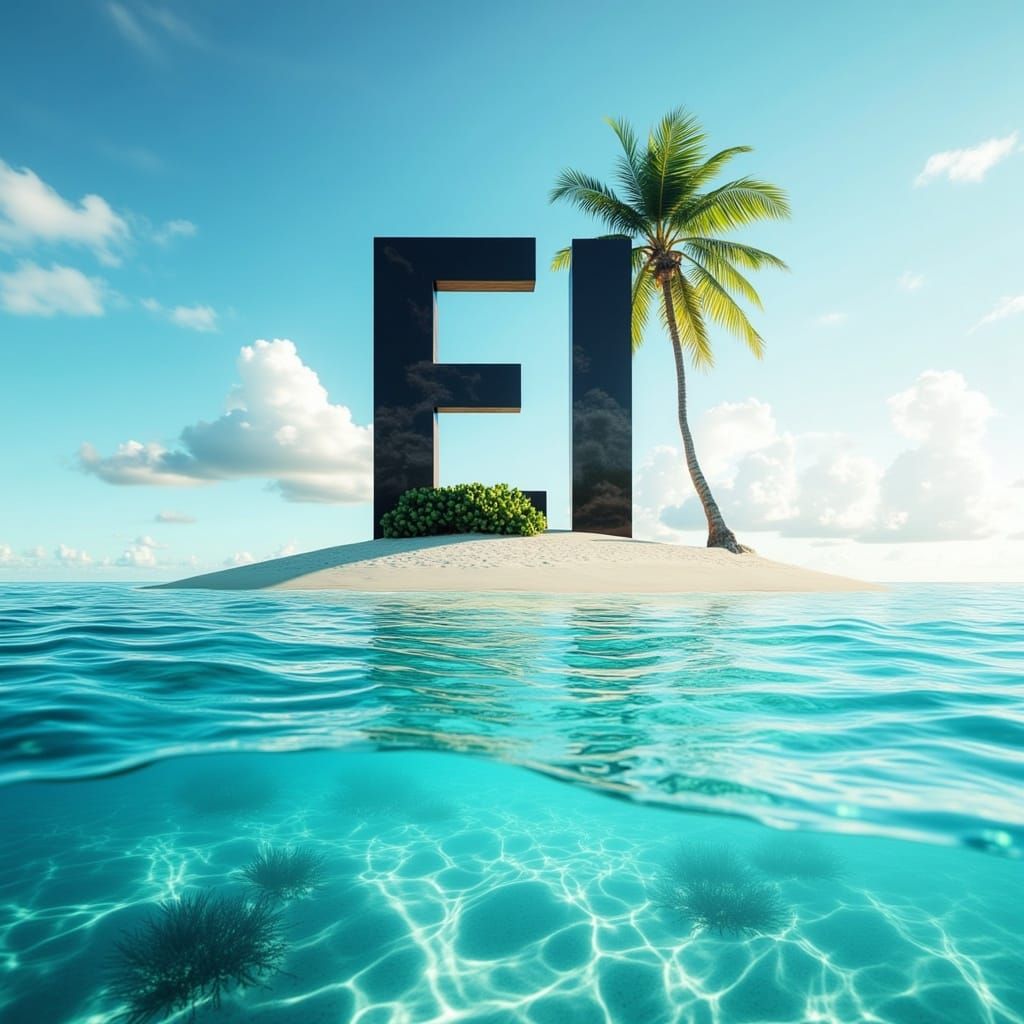 Surreal Tropical Oasis with Floating Letters in 3D Serif Fon...
