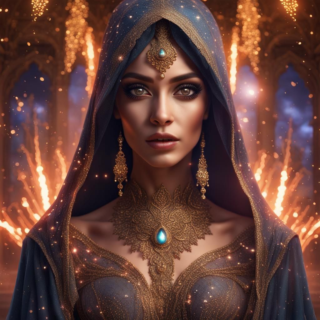 Enigmatic Arabian Princess Amidst Fireworks Display